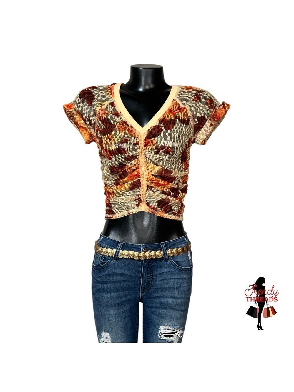 Free People NEW Crop Lace Top Floral Coral Tee Shirt Boho Festival Fairy Cottage